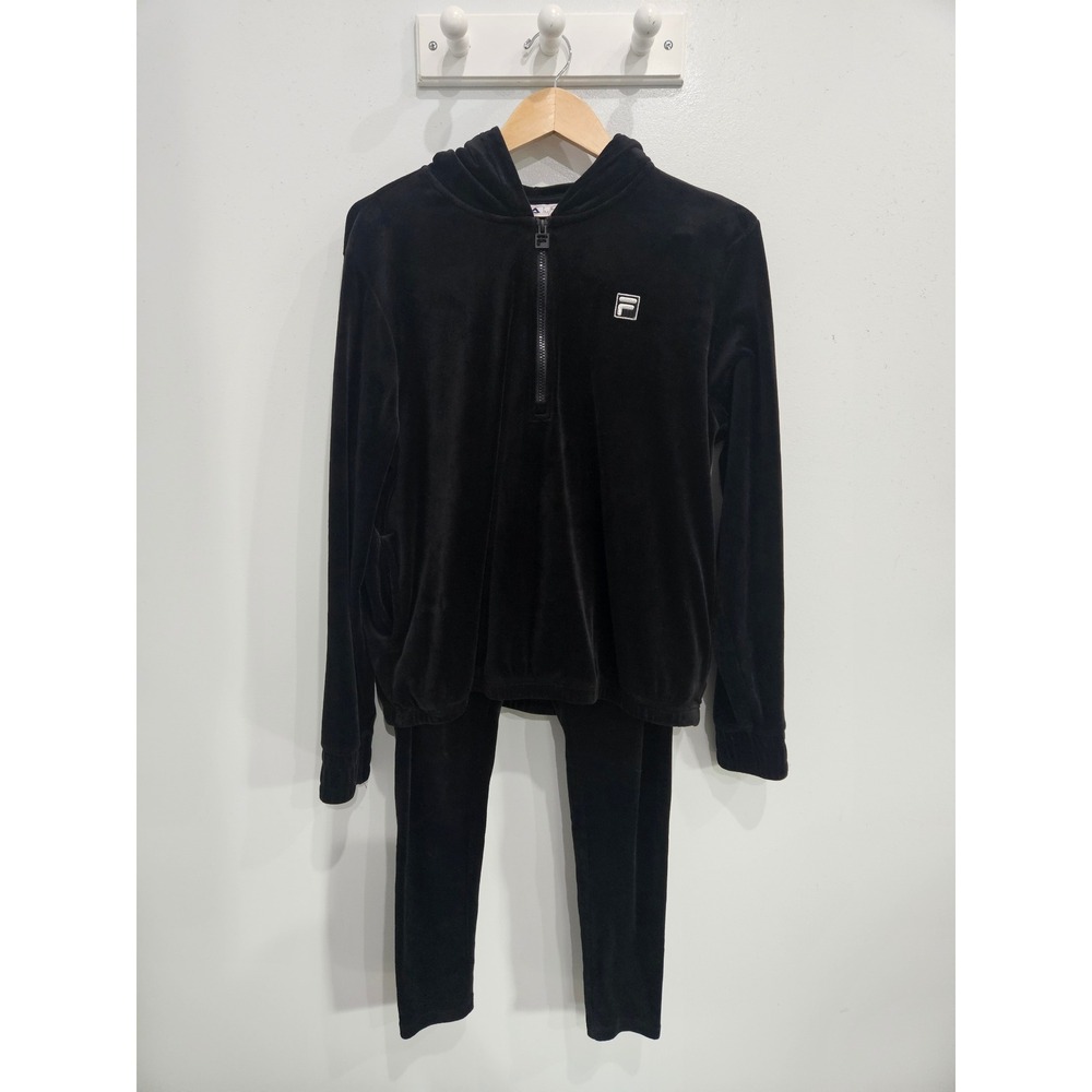 Fila Womens Black Velour Tracksuit Set Quarter Zip Hoodie and Leggings Size L